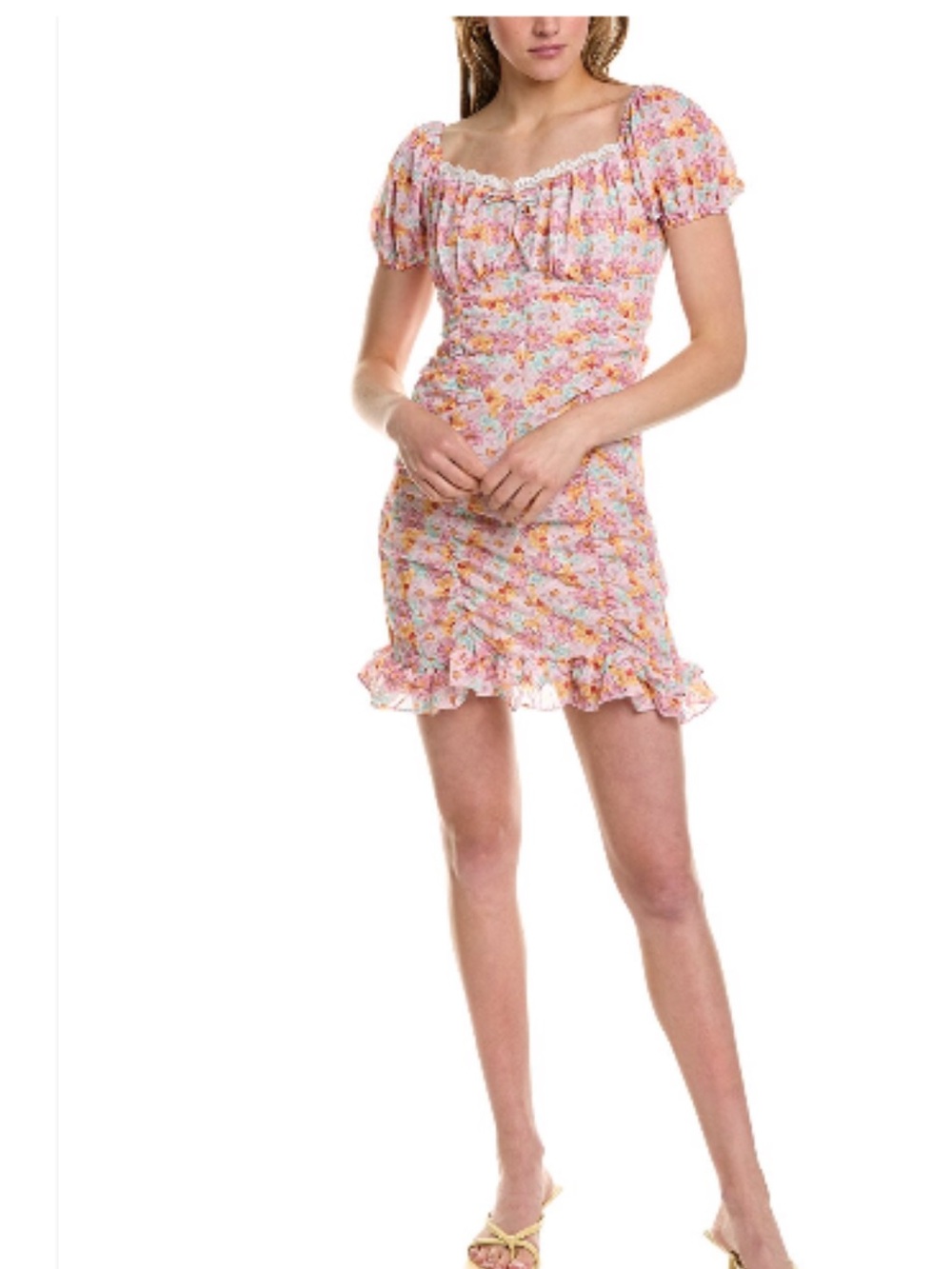 70/21 Lace Floral Ruffle Puff Sleeve Mini Dress - Pink Multi